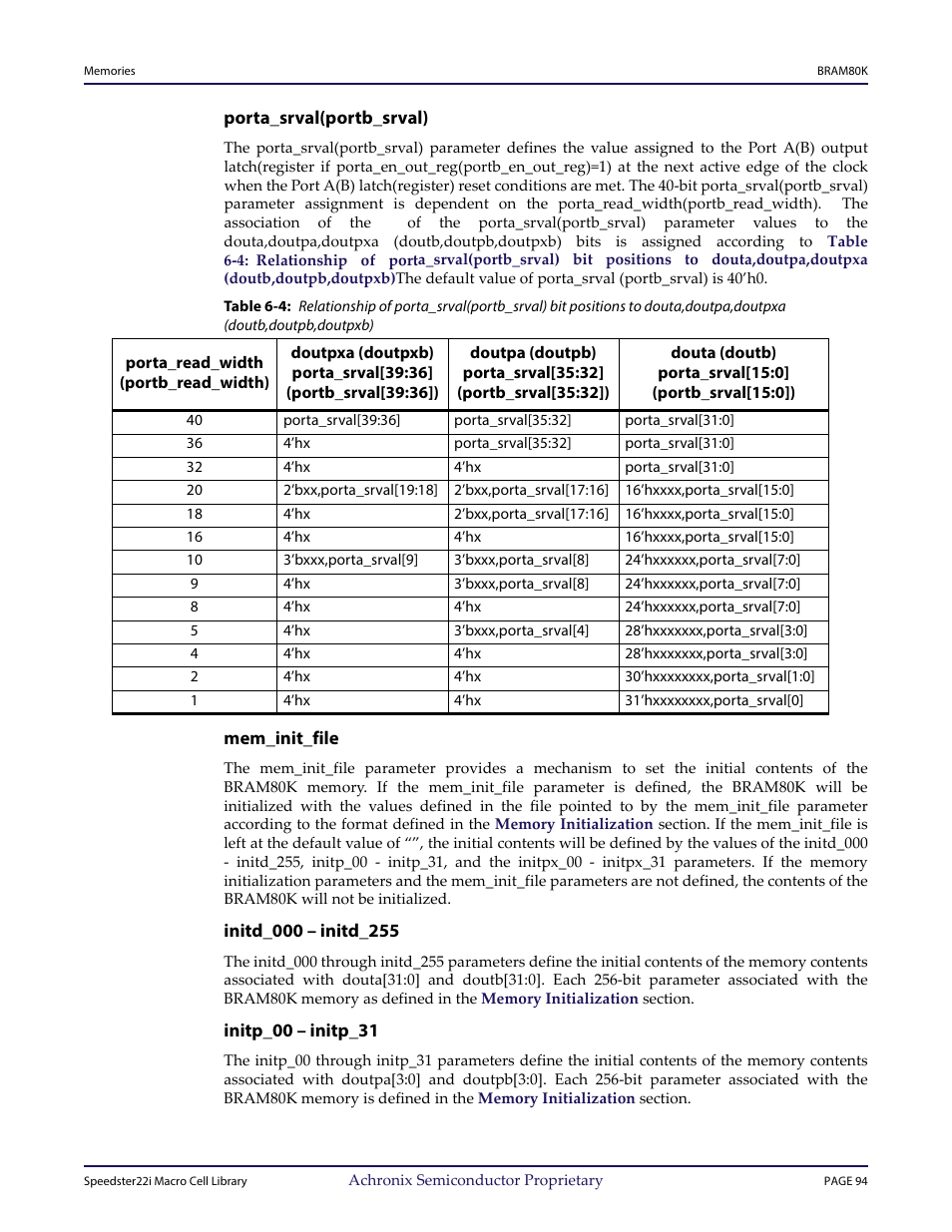 Heading3 - porta_srval(portb_srval), Heading3 - mem_init_file, Heading3 - initd_000 – initd_255 | Heading3 - initp_00 – initp_31 | Achronix Speedster22i User Macro Guide User Manual | Page 111 / 224