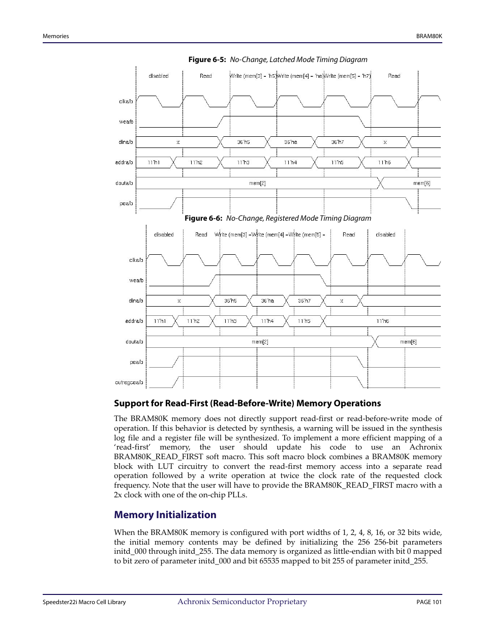 Heading2 - memory initialization, Support for read‐first (read, Before‐write) memory operations | Memory initialization | Achronix Speedster22i User Macro Guide User Manual | Page 118 / 224