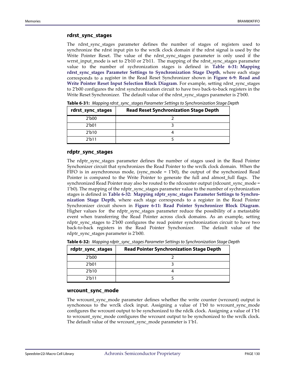 Heading3 - rdrst_sync_stages, Heading3 - rdptr_sync_stages, Heading3 - wrcount_sync_mode | Achronix Speedster22i User Macro Guide User Manual | Page 147 / 224