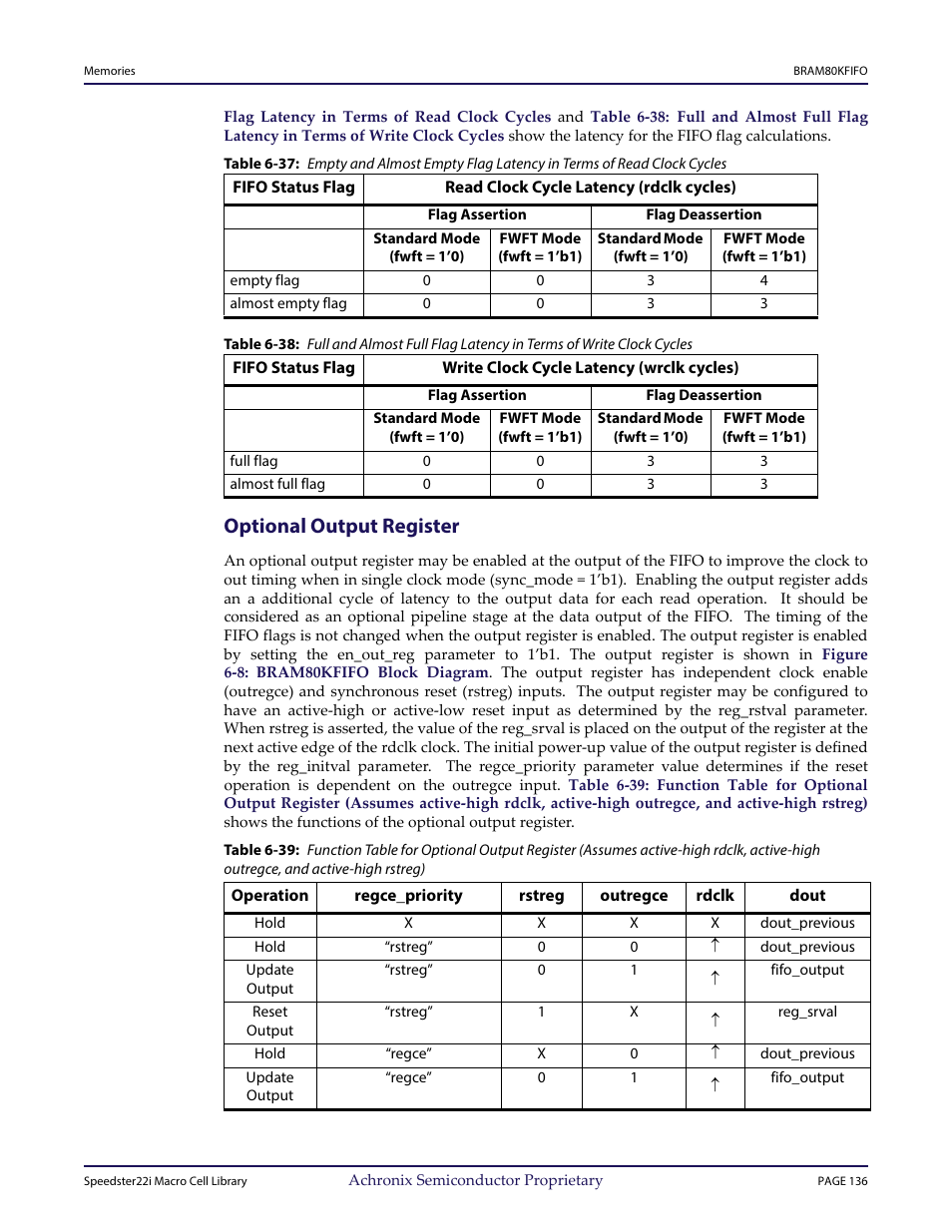 Heading2 - optional output register, Table 6‐37: empty and almost empty, Optional output register | Achronix Speedster22i User Macro Guide User Manual | Page 153 / 224
