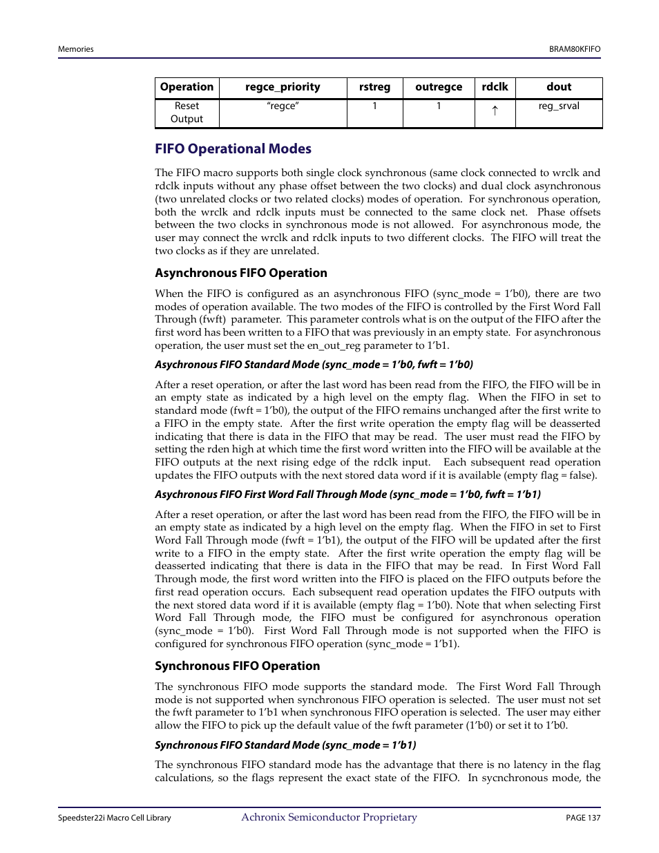 Heading2 - fifo operational modes, Heading3 - asynchronous fifo operation, Heading3 - synchronous fifo operation | Fifo operational modes | Achronix Speedster22i User Macro Guide User Manual | Page 154 / 224