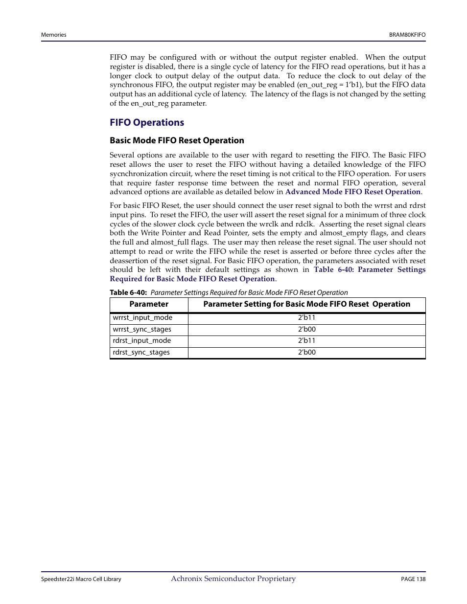 Heading2 - fifo operations, Heading3 - basic mode fifo reset operation, Fifo operations | Achronix Speedster22i User Macro Guide User Manual | Page 155 / 224