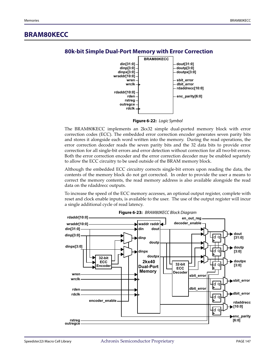 Heading1 - bram80kecc, Figure - figure 6-22: logic symbol, Figure - figure 6-23: bram80kecc block diagram | Bram80kecc | Achronix Speedster22i User Macro Guide User Manual | Page 164 / 224