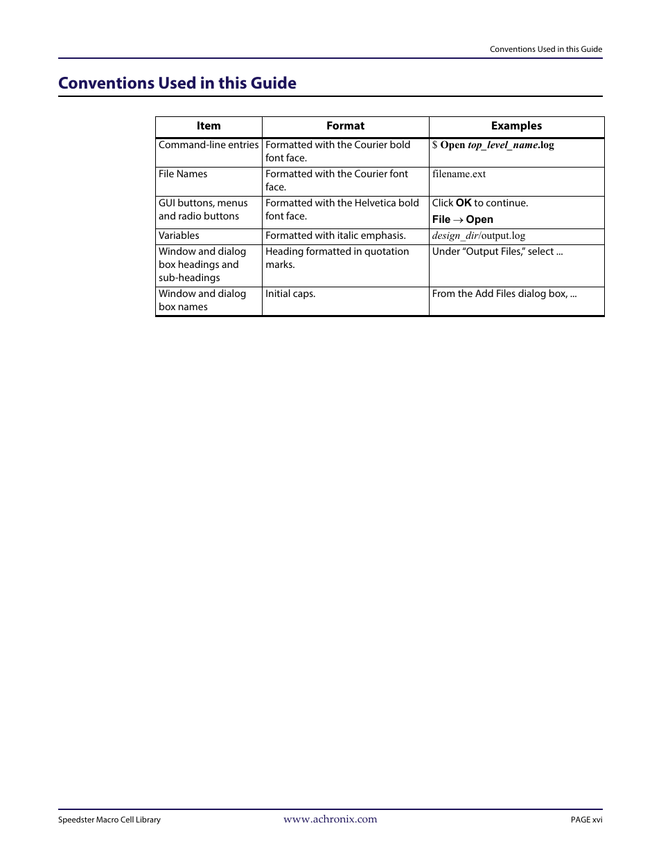 Heading1 - conventions used in this guide, Conventions used in this guide | Achronix Speedster22i User Macro Guide User Manual | Page 17 / 224