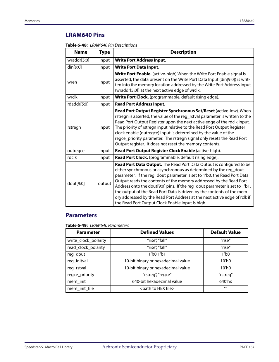 Heading2 - lram640 pins, Table - table 6-48: lram640 pin descriptions, Heading2 - parameters | Table - table 6-49: lram640 parameters, Lram640 pins, Parameters | Achronix Speedster22i User Macro Guide User Manual | Page 174 / 224