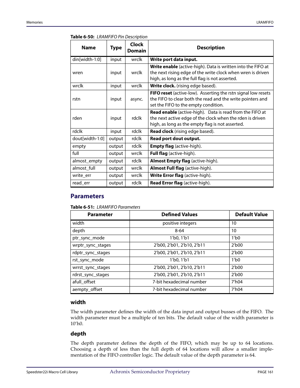 Table - table 6-50: lramfifo pin description, Heading2 - parameters, Table - table 6-51: lramfifo parameters | Heading3 - width, Heading3 - depth, Parameters | Achronix Speedster22i User Macro Guide User Manual | Page 178 / 224