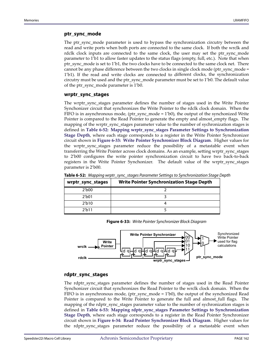 Heading3 - ptr_sync_mode, Heading3 - wrptr_sync_stages, Heading3 - rdptr_sync_stages | Ptr_sync_mode, Wrptr_sync_stages, Rdptr_sync_stages | Achronix Speedster22i User Macro Guide User Manual | Page 179 / 224