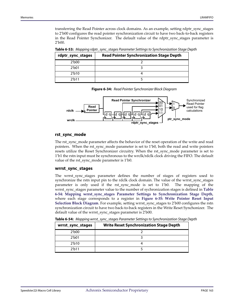 Heading3 - rst_sync_mode, Heading3 - wrrst_sync_stages, Stage depth | Rst_sync_mode, Wrrst_sync_stages | Achronix Speedster22i User Macro Guide User Manual | Page 180 / 224