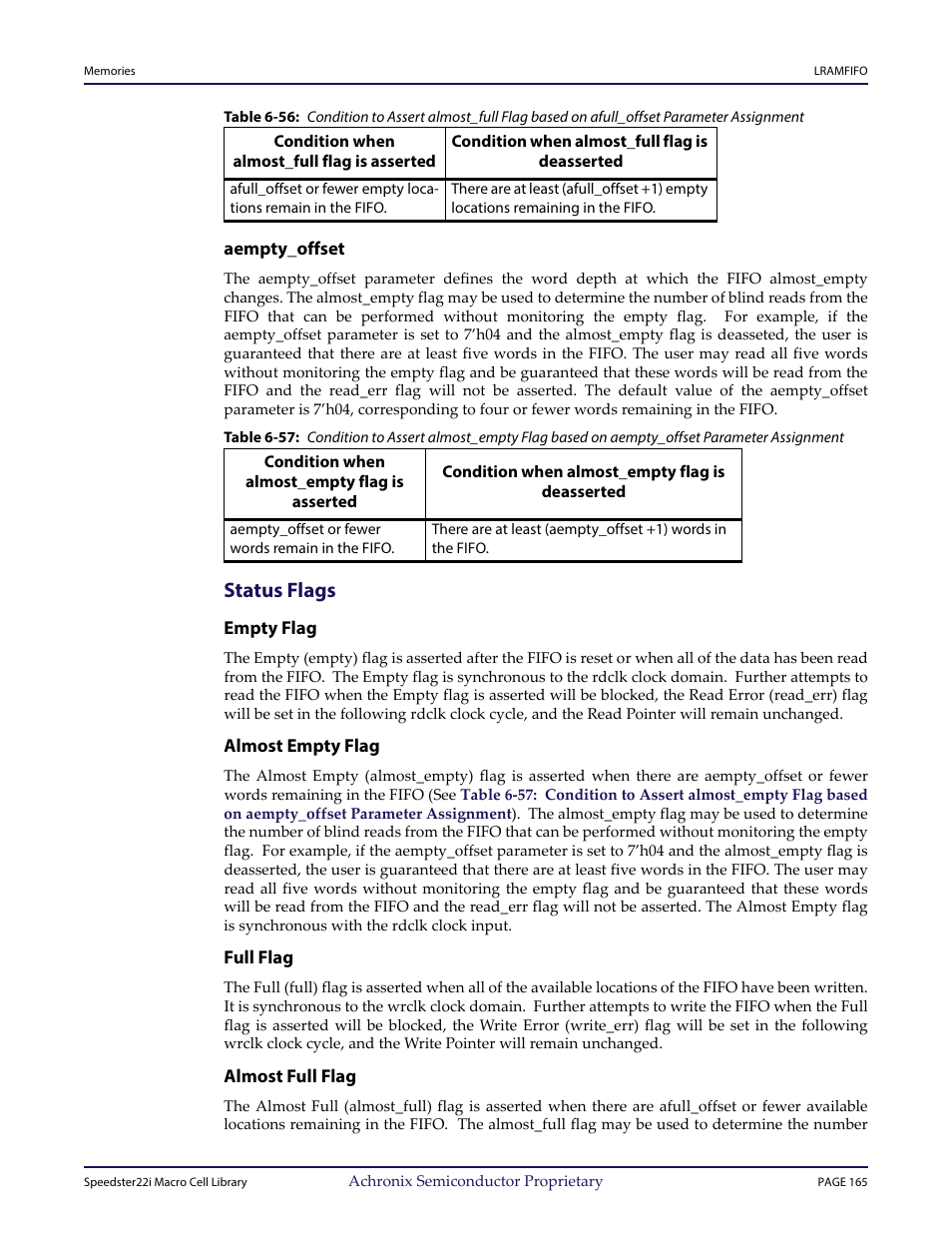 Heading3 - aempty_offset, Heading2 - status flags, Heading3 - empty flag | Heading3 - almost empty flag, Heading3 - full flag, Heading3 - almost full flag, Status flags | Achronix Speedster22i User Macro Guide User Manual | Page 182 / 224