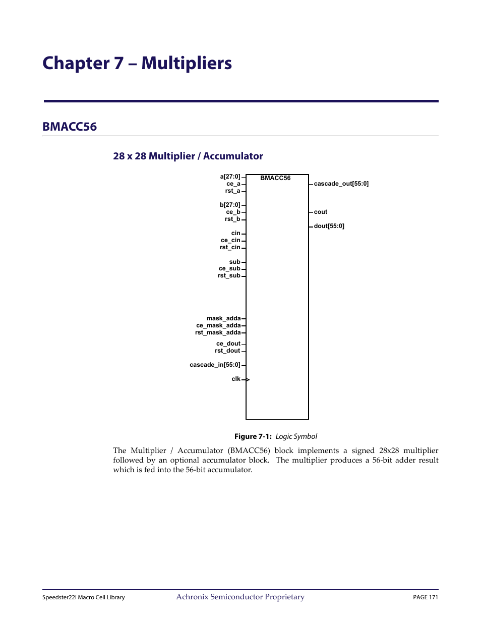 Chaptertitle - chapter 7 – multipliers, Heading1 - bmacc56, Heading2 - 28 x 28 multiplier / accumulator | Figure - figure 7-1: logic symbol, Chapter 7 – “multipliers, Chapter 7 – multipliers, Bmacc56, 28 x 28 multiplier / accumulator | Achronix Speedster22i User Macro Guide User Manual | Page 188 / 224