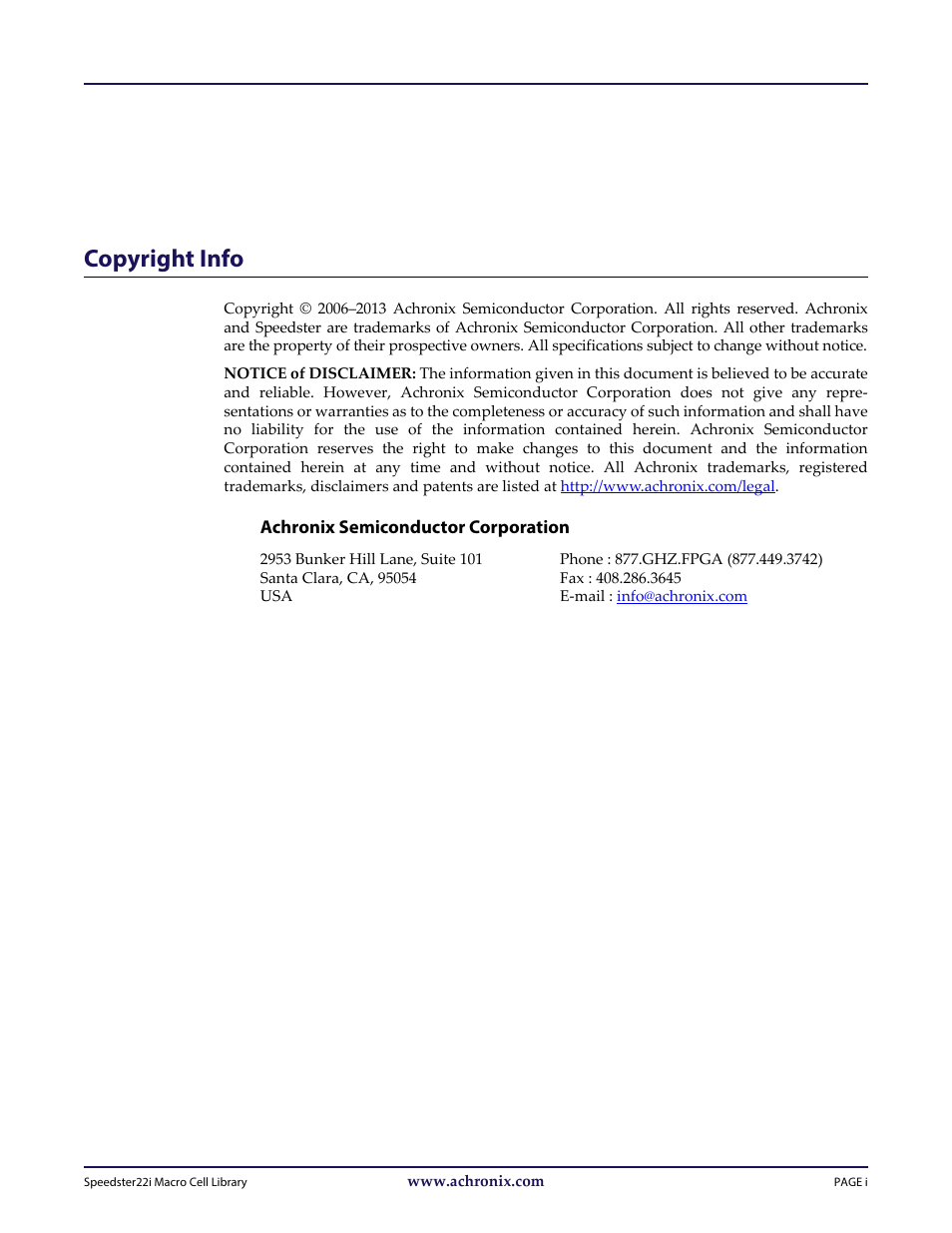 Copyright info | Achronix Speedster22i User Macro Guide User Manual | Page 2 / 224
