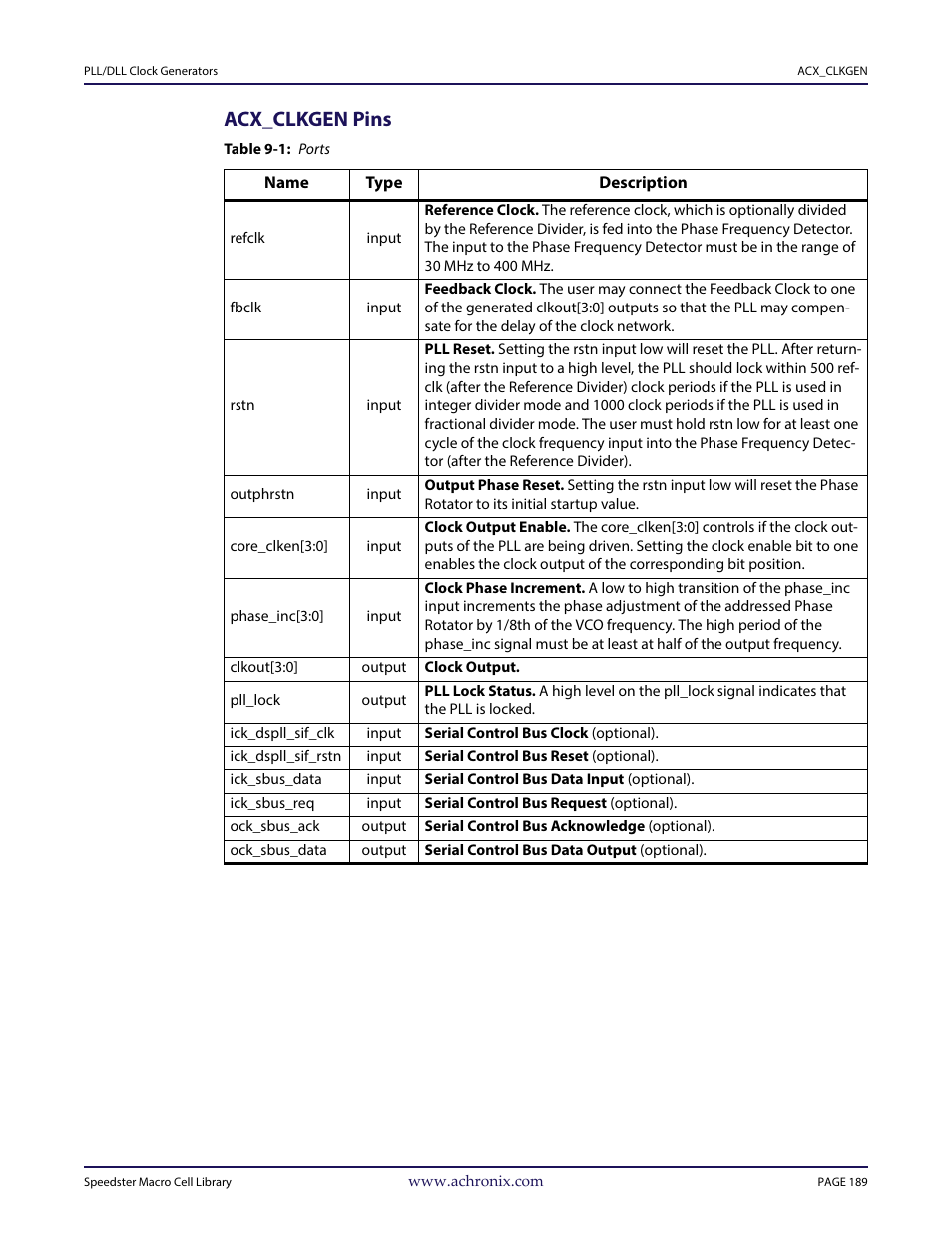 Heading2 - acx_clkgen pins, Table - table 9-1: ports, Acx_clkgen pins | Achronix Speedster22i User Macro Guide User Manual | Page 206 / 224