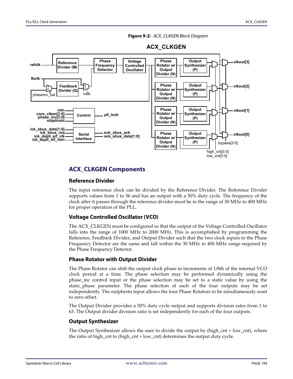 Figure - figure 9-2: acx_clkgen block diagram, Heading2 - acx_clkgen components, Heading3 - reference divider | Heading3 - voltage controlled oscillator (vco), Heading3 - phase rotator with output divider, Heading3 - output synthesizer, Acx_clkgen components, Reference divider, Voltage controlled oscillator (vco), Phase rotator with output divider | Achronix Speedster22i User Macro Guide User Manual | Page 211 / 224