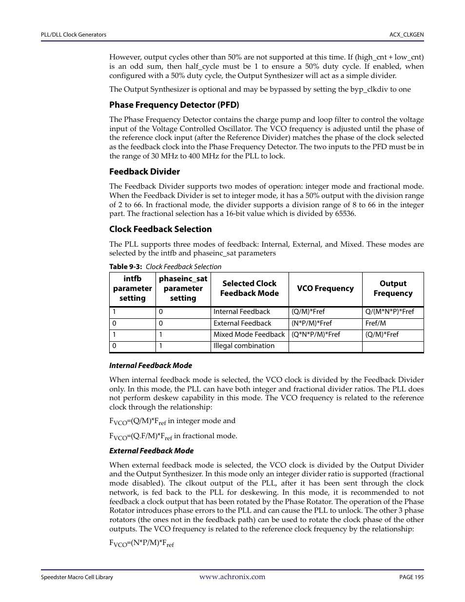 Heading3 - phase frequency detector (pfd), Heading3 - feedback divider, Heading3 - clock feedback selection | Table - table 9-3: clock feedback selection | Achronix Speedster22i User Macro Guide User Manual | Page 212 / 224