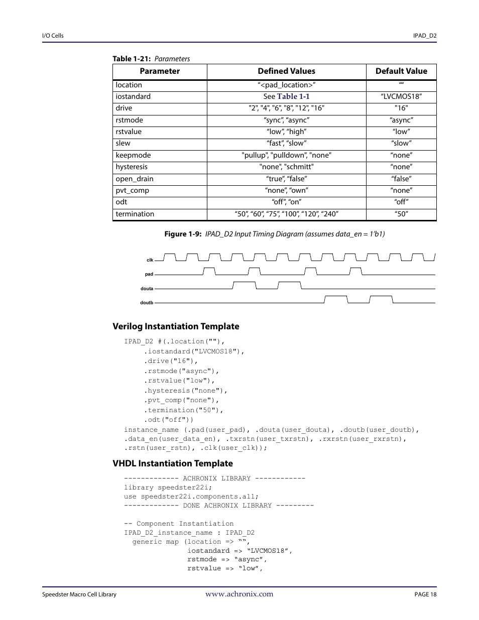 Table - table 1-21: parameters, Heading3 - verilog instantiation template, Heading3 - vhdl instantiation template | Verilog instantiation template, Vhdl instantiation template | Achronix Speedster22i User Macro Guide User Manual | Page 35 / 224