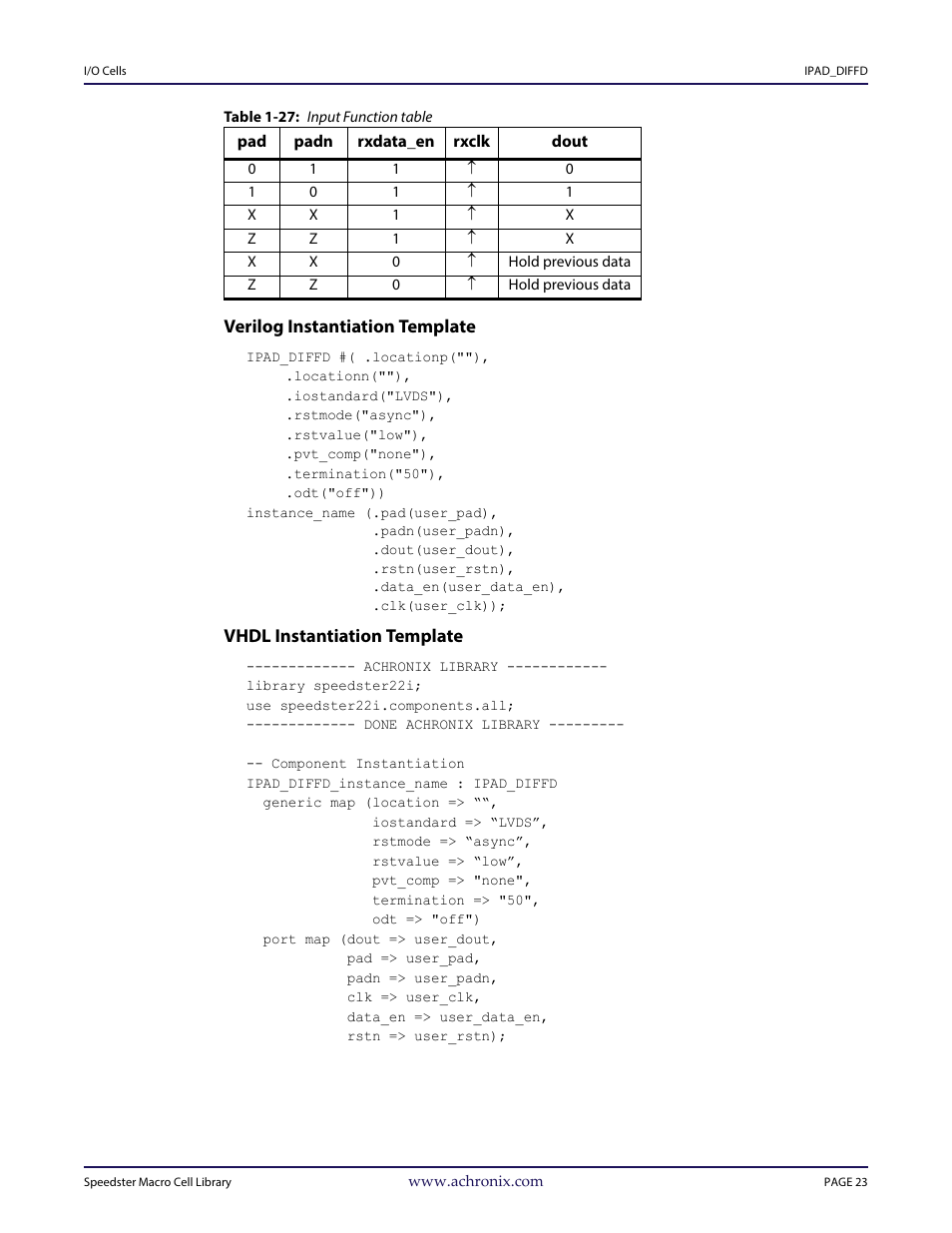 Table - table 1-27: input function table, Heading3 - verilog instantiation template, Heading3 - vhdl instantiation template | Achronix Speedster22i User Macro Guide User Manual | Page 40 / 224