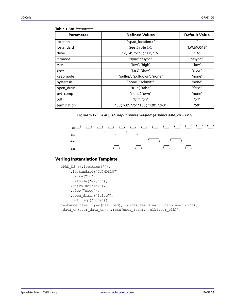 Table - table 1-38: parameters, Heading3 - verilog instantiation template, Verilog instantiation template | Achronix Speedster22i User Macro Guide User Manual | Page 50 / 224