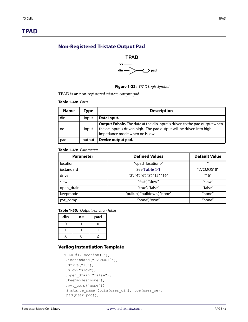 Heading1 - tpad, Heading2 - non-registered tristate output pad, Figure - figure 1-22: tpad logic symbol | Table - table 1-48: ports, Table - table 1-49: parameters, Table - table 1-50: output function table, Heading3 - verilog instantiation template, Tpad, Non-registered tristate output pad | Achronix Speedster22i User Macro Guide User Manual | Page 60 / 224