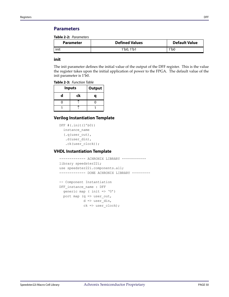 Heading2 - parameters, Table - table 2-2: parameters, Heading3 - init | Table - table 2-3: function table, Heading3 - verilog instantiation template, Heading3 - vhdl instantiation template, Parameters | Achronix Speedster22i User Macro Guide User Manual | Page 66 / 224
