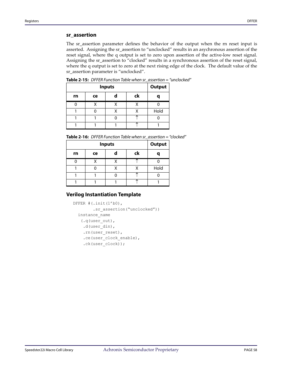Heading3 - sr_assertion, Heading3 - verilog instantiation template, Table | Achronix Speedster22i User Macro Guide User Manual | Page 74 / 224