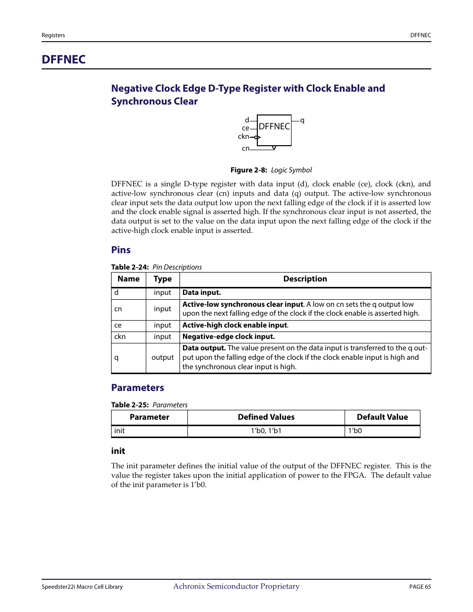 Heading1 - dffnec, Figure - figure 2-8: logic symbol, Heading2 - pins | Table - table 2-24: pin descriptions, Heading2 - parameters, Table - table 2-25: parameters, Heading3 - init, Dffnec, Pins, Parameters | Achronix Speedster22i User Macro Guide User Manual | Page 81 / 224