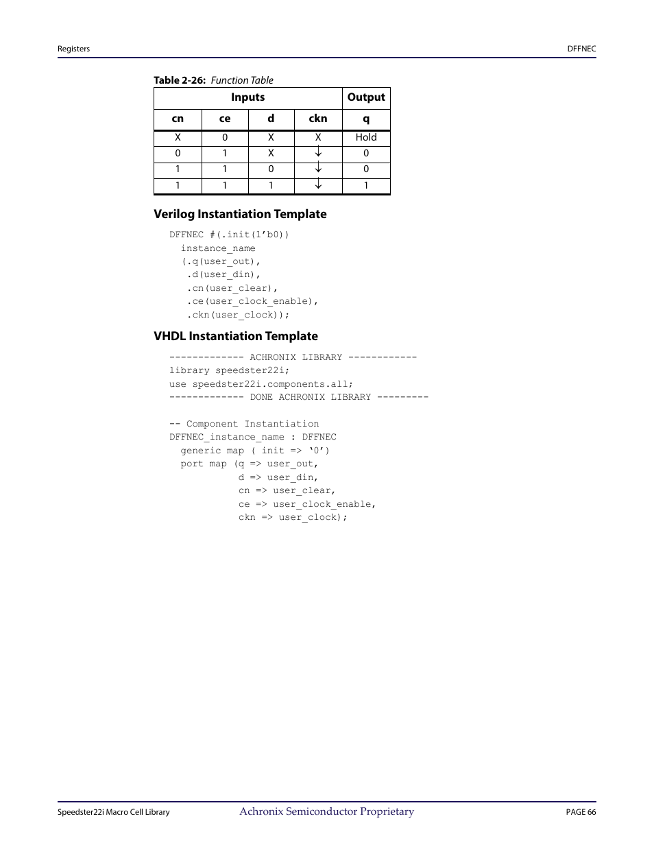 Table - table 2-26: function table, Heading3 - verilog instantiation template, Heading3 - vhdl instantiation template | Achronix Speedster22i User Macro Guide User Manual | Page 82 / 224