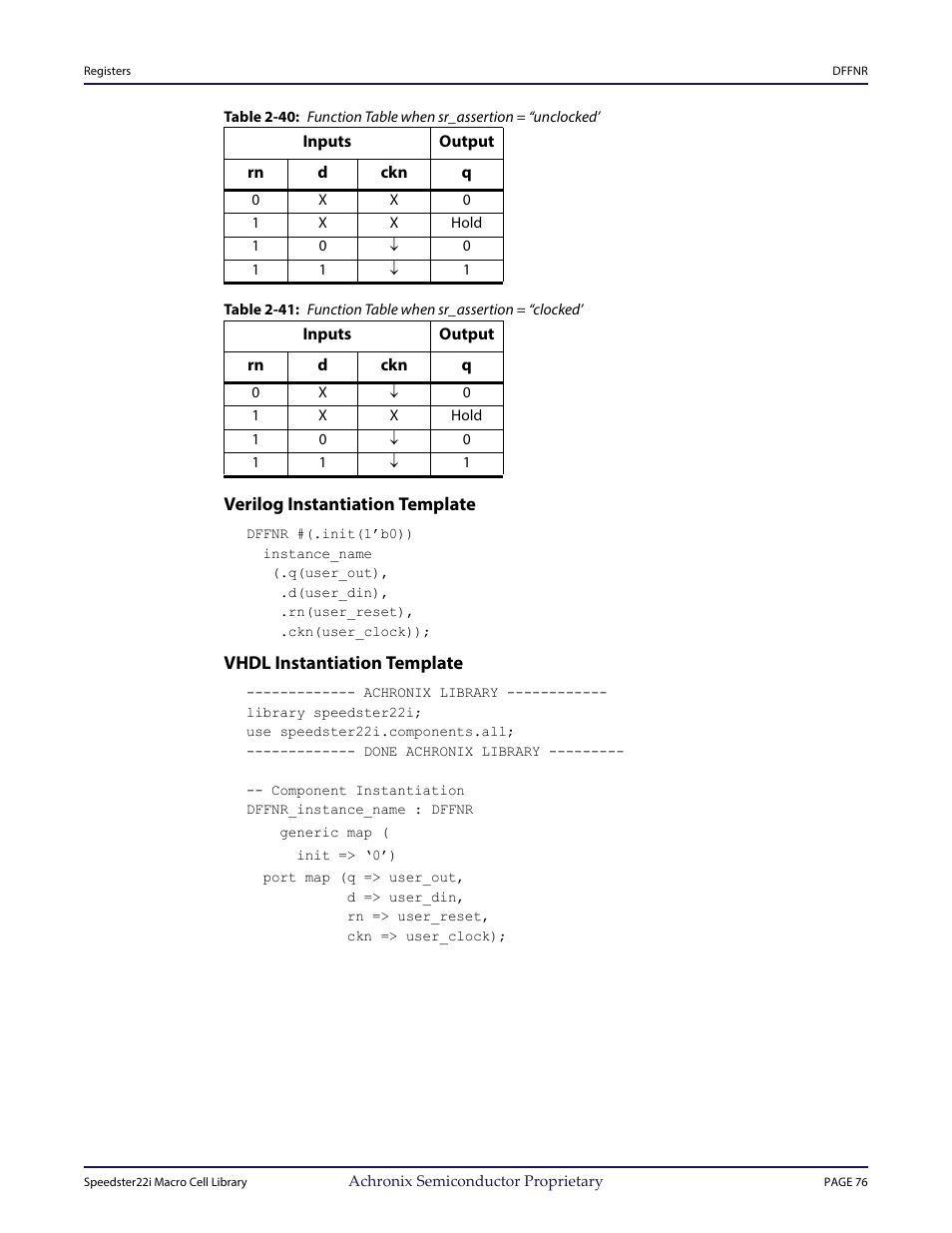 Heading3 - verilog instantiation template, Heading3 - vhdl instantiation template | Achronix Speedster22i User Macro Guide User Manual | Page 92 / 224