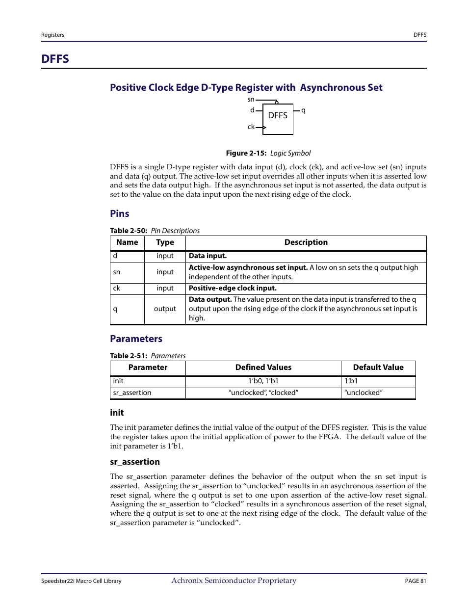 Heading1 - dffs, Figure - figure 2-15: logic symbol, Heading2 - pins | Table - table 2-50: pin descriptions, Heading2 - parameters, Table - table 2-51: parameters, Heading3 - init, Heading3 - sr_assertion, Dffs, Pins | Achronix Speedster22i User Macro Guide User Manual | Page 97 / 224