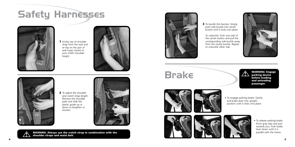 Safety harnesses, Brake | Baby Jogger ASTM F833-07A User Manual | Page 4 / 9