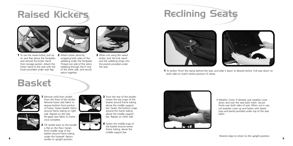 Raised kickers basket, Reclining seats | Baby Jogger ASTM F833-07A User Manual | Page 6 / 9