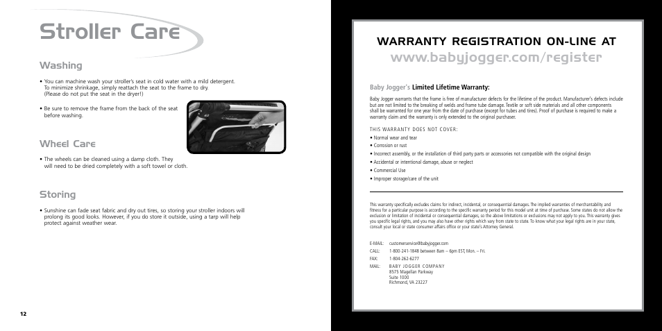 Stroller care, Warranty registration on-line at, Washing | Wheel care, Storing | Baby Jogger ASTM F833-07A User Manual | Page 8 / 9