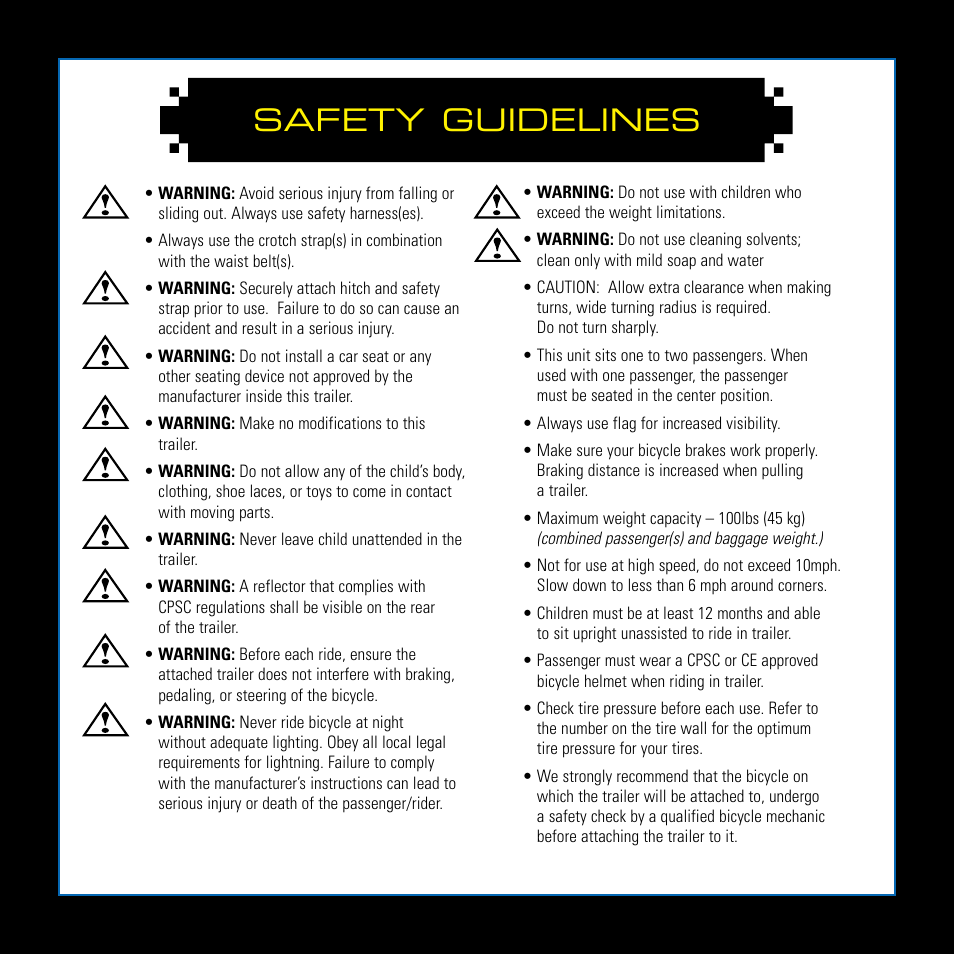 Safety guidelines | Baby Jogger Bicycle Accessories User Manual | Page 2 / 20
