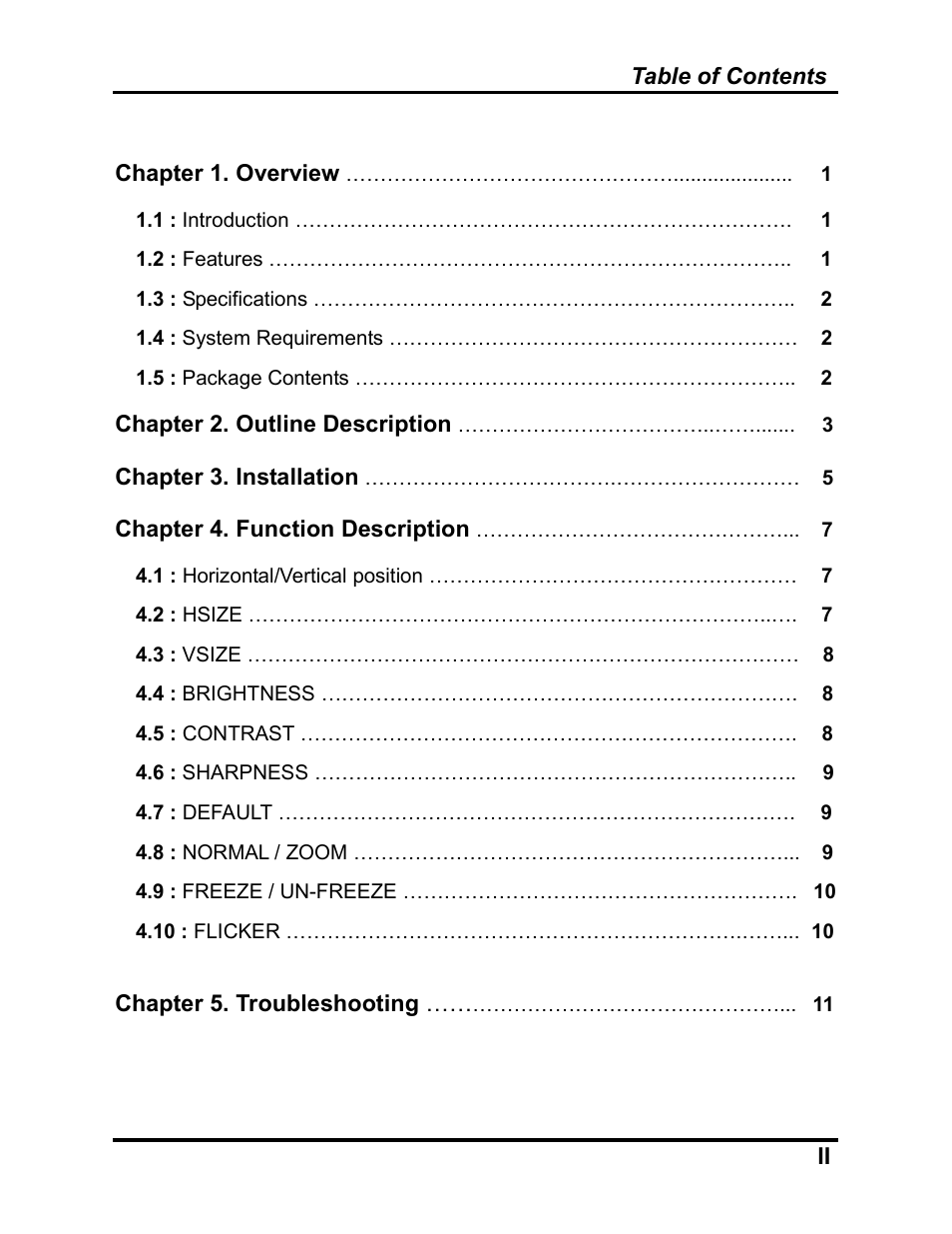 Table of contents ii, Chapter 1. overview, Chapter 2. outline description | Chapter 3. installation, Chapter 4. function description, Chapter 5. troubleshooting | AItech ProPC/TV Wireless Mini User Manual | Page 3 / 15