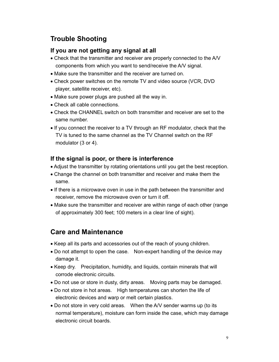 Trouble shooting, Care and maintenance | AItech ProA/V Media Extender Mini User Manual | Page 10 / 11