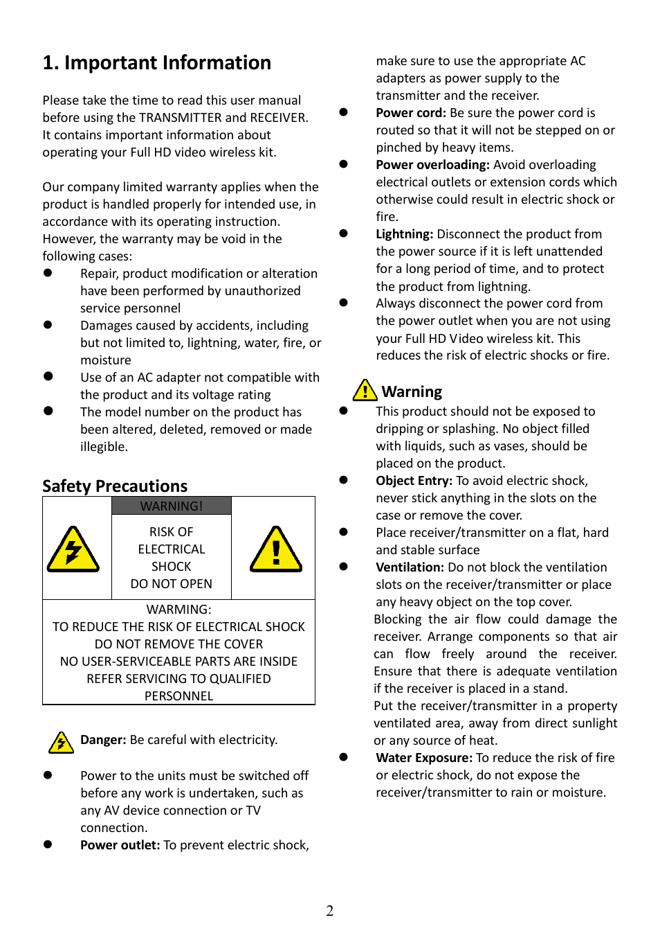 Important information, Safety precautions, Warning | AItech ProA/V Media Extender - Wireless HDMI User Manual | Page 3 / 31