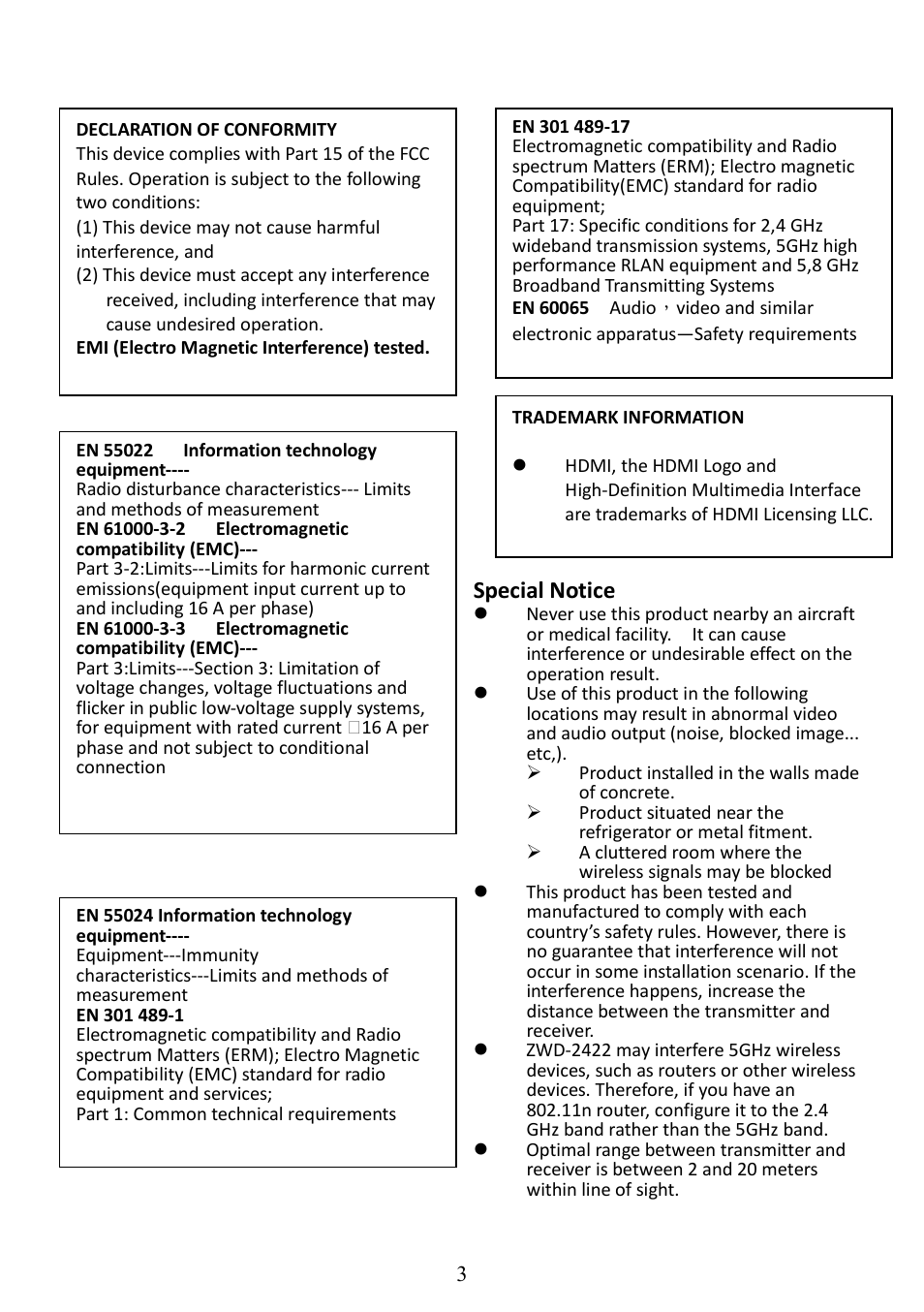Special notice | AItech ProA/V Media Extender - Wireless HDMI User Manual | Page 4 / 31
