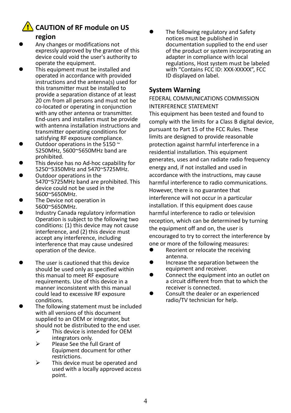 Caution of rf module on us region, System warning | AItech ProA/V Media Extender - Wireless HDMI User Manual | Page 5 / 31