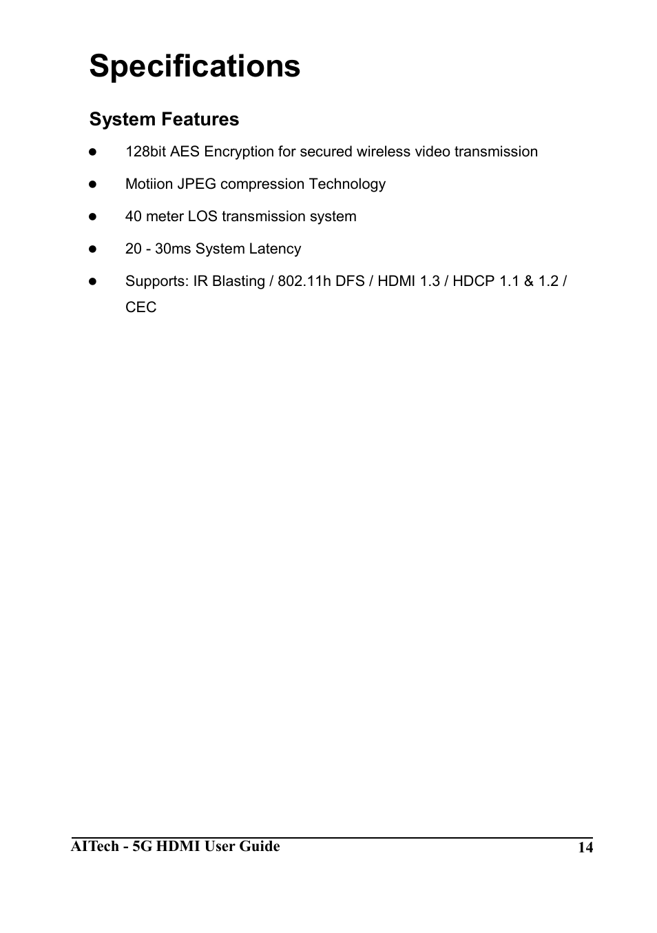 Specifications, System features | AItech Wireless HDMI Advanced User Manual | Page 14 / 16