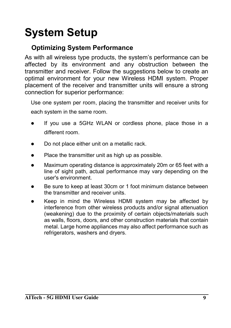 System setup, Optimizing system performance | AItech Wireless HDMI Advanced User Manual | Page 9 / 16