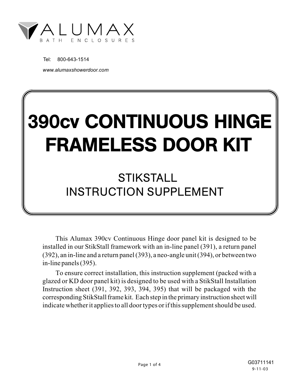 Alumax 390cv Supplement User Manual | 4 pages