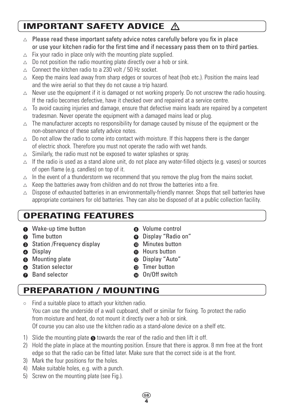 Important safety advice, Operating features, Preparation / mounting | Bench KH 994 User Manual | Page 4 / 8