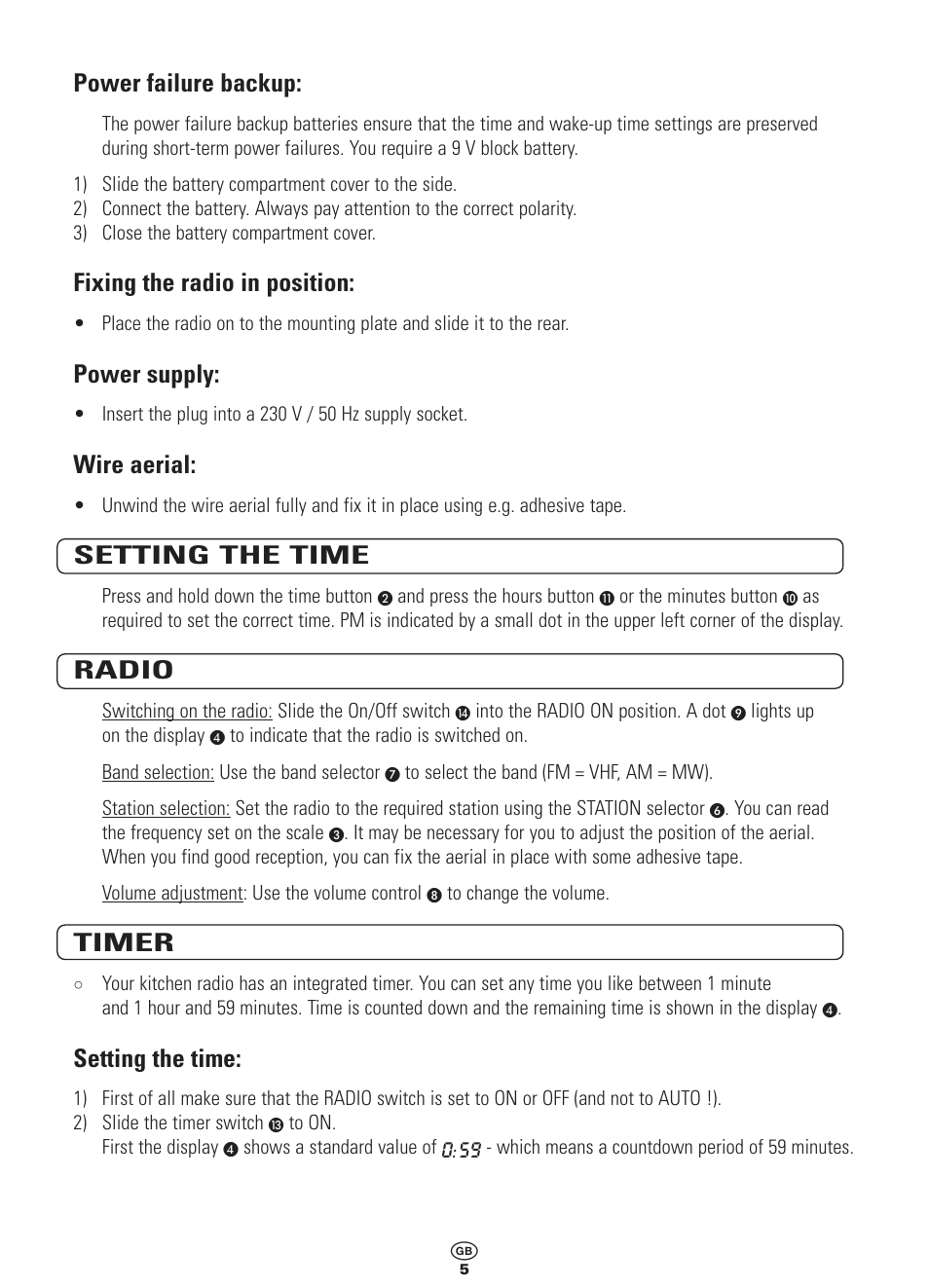 Power failure backup, Fixing the radio in position, Power supply | Wire aerial, Setting the time, Radio, Timer | Bench KH 994 User Manual | Page 5 / 8