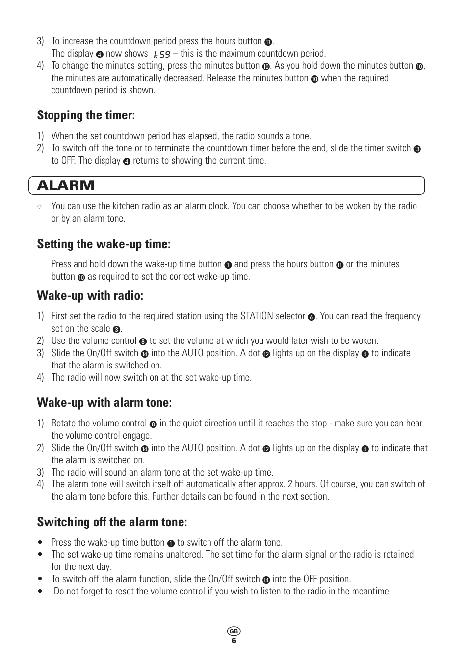 Stopping the timer, Alarm, Setting the wake-up time | Wake-up with radio, Wake-up with alarm tone, Switching off the alarm tone | Bench KH 994 User Manual | Page 6 / 8