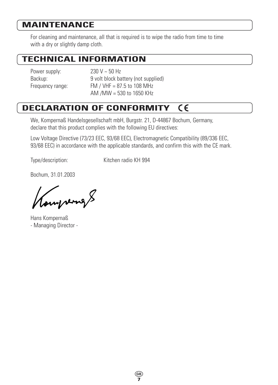 Maintenance, Technical information, Declaration of conformity | Bench KH 994 User Manual | Page 7 / 8