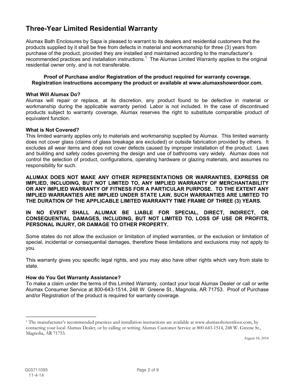 Three-year limited residential warranty | Alumax 1050 User Manual | Page 2 / 9