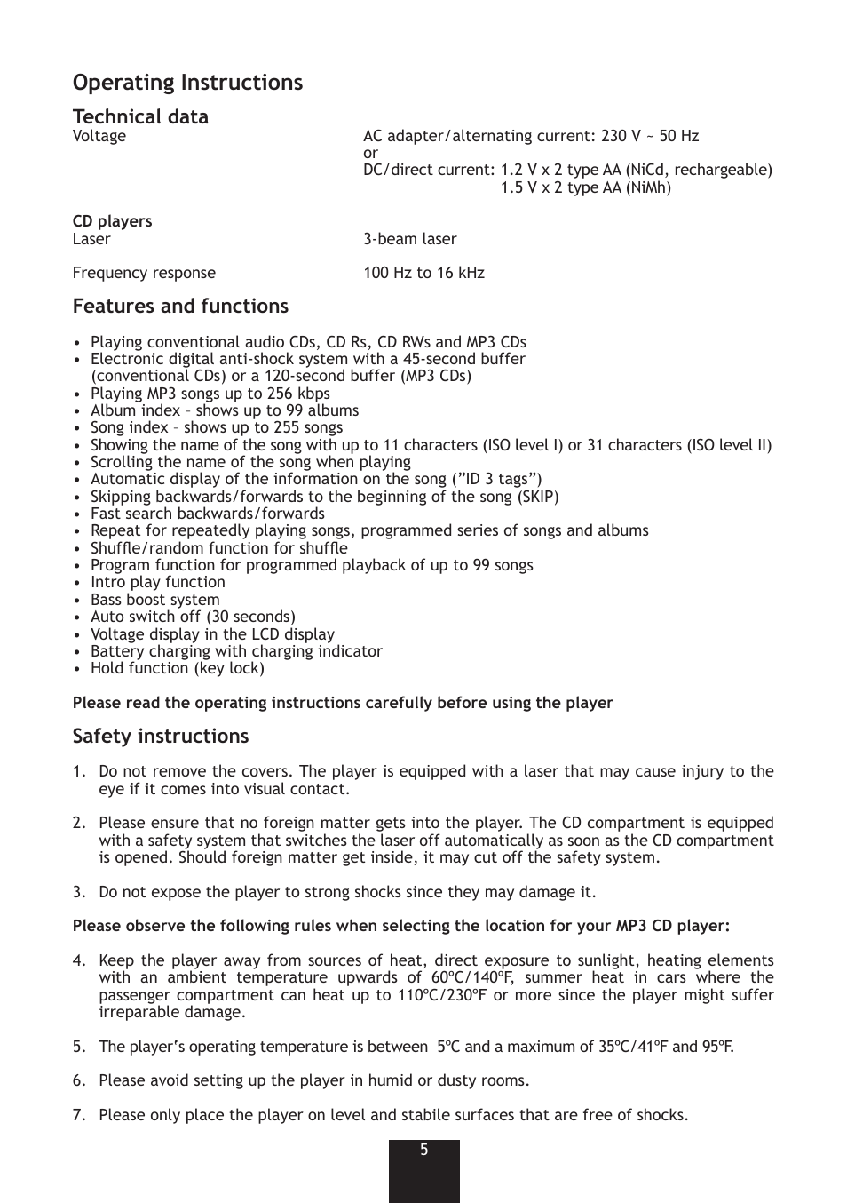 Operating instructions, Technical data, Features and functions | Safety instructions | Bench KH 4438 User Manual | Page 5 / 16