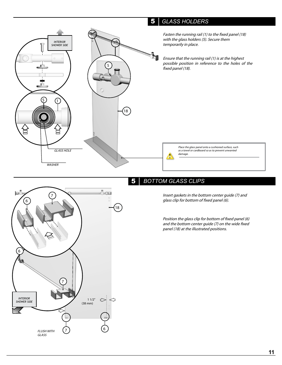 Bottom glass clips, Fixed panel, Glass holders | Alumax P-DR2W-48-60-CW User Manual | Page 11 / 19