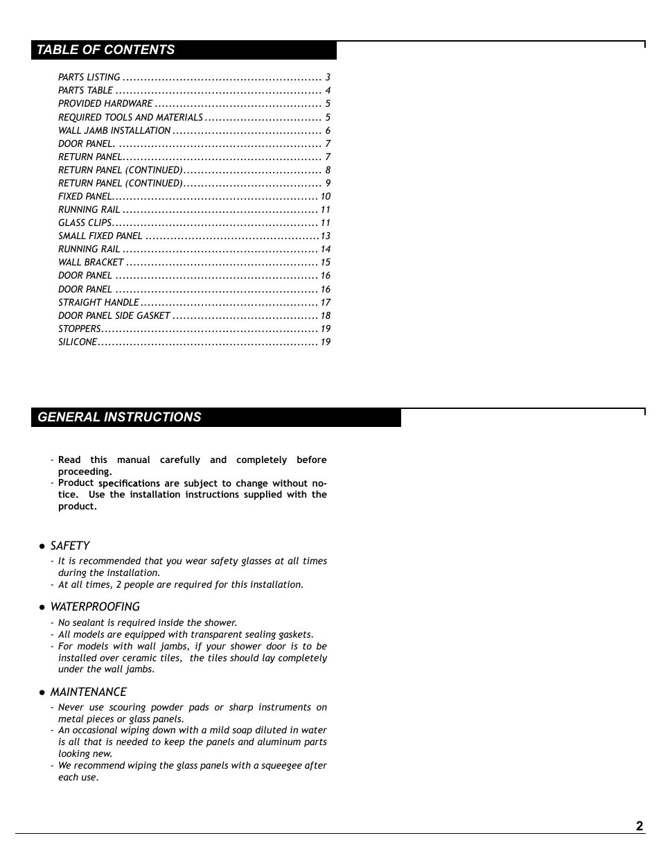 Table of contents general instructions | Alumax P-DR2W-72-CW User Manual | Page 2 / 19
