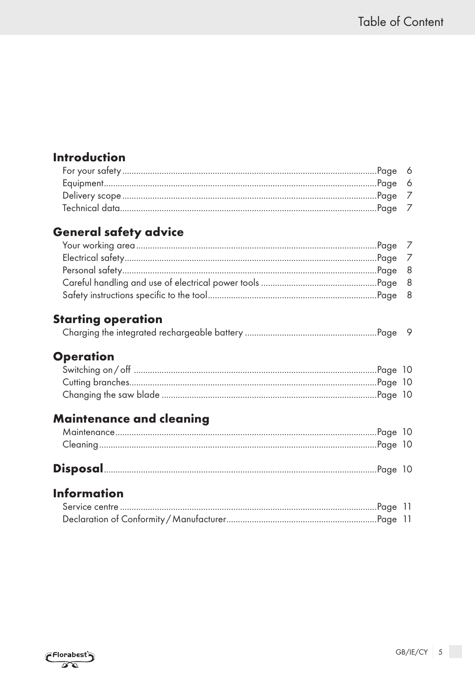 Table of content | Florabest PRC 9.6 User Manual | Page 3 / 10