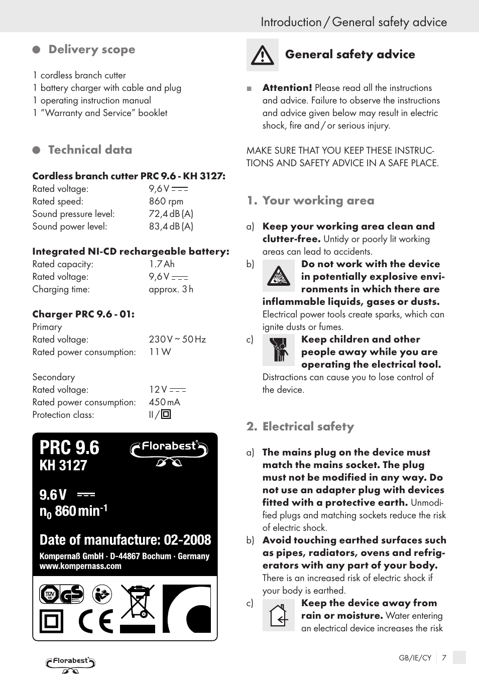 Introduction / general safety advice, Delivery scope, Technical data | General safety advice, Your working area, Electrical safety | Florabest PRC 9.6 User Manual | Page 5 / 10